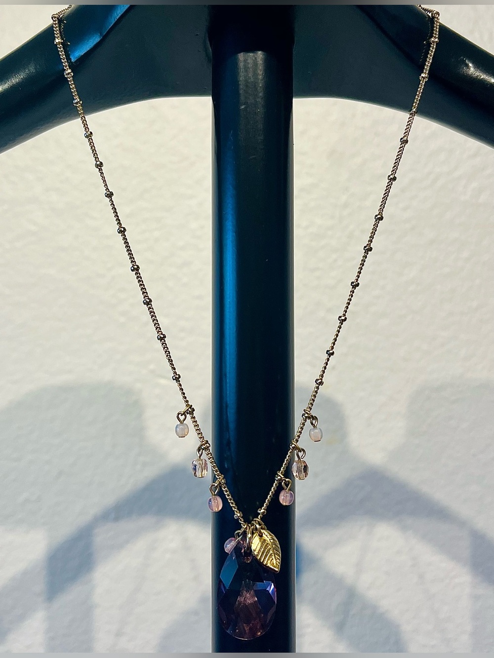 Yanbal Gold Leaf Charm Necklace with Pink Teardrop Pendant